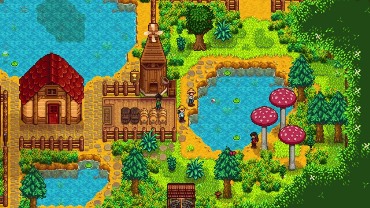 The player character fishing in a pond in Stardew Valley.