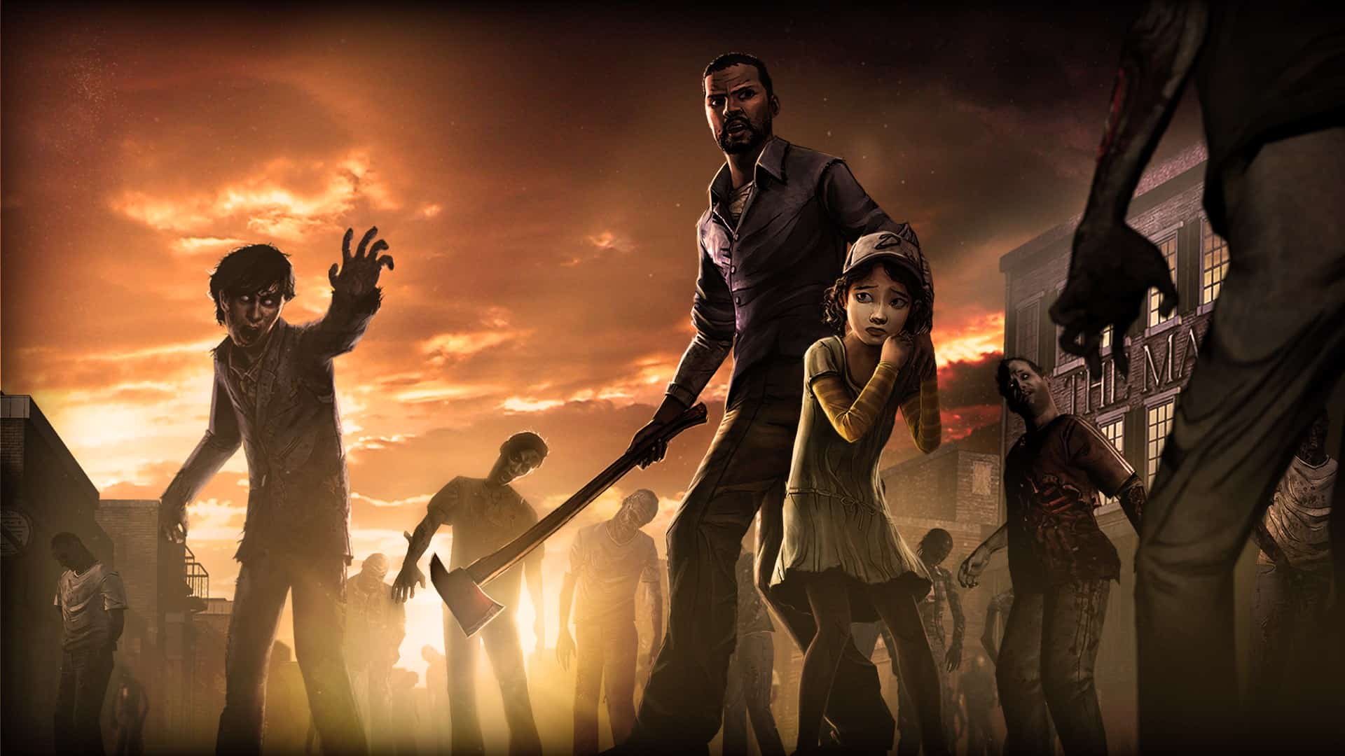 Official art of Lee and Clementine in Walking Dead from Telltale.