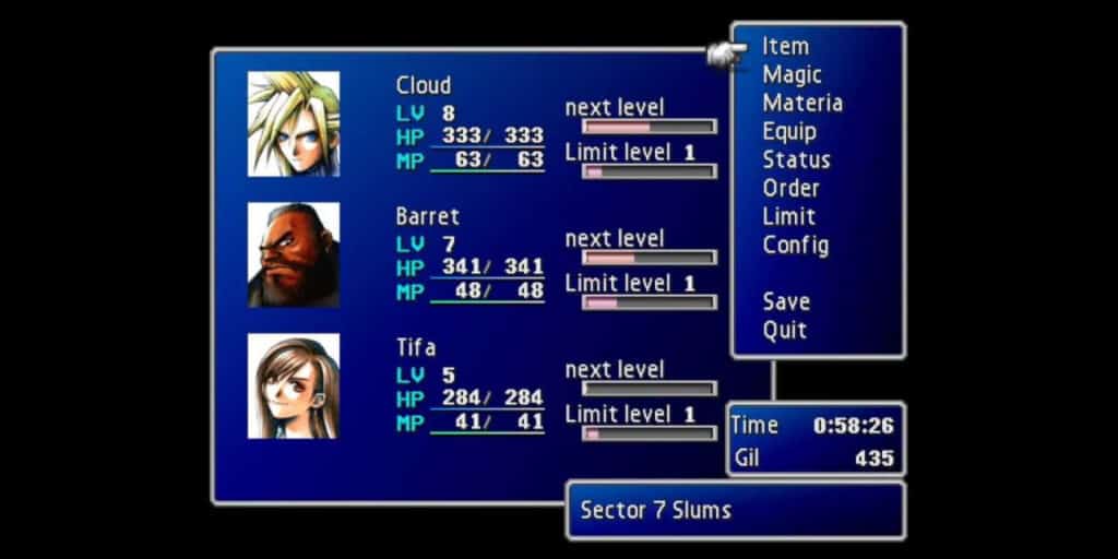 The menu from the original Final Fantasy 7.
