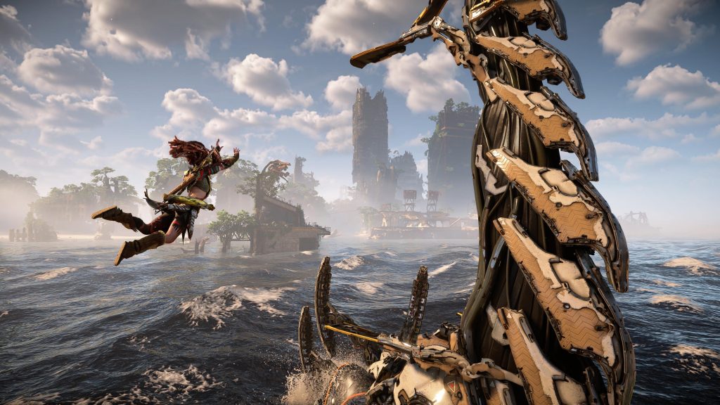 Aloy jumping onto a Tallneck in San Fransisco.