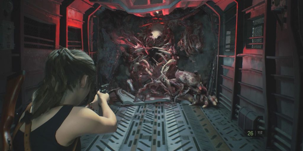 Claire battling Birkin on the train in Resident Evil 2