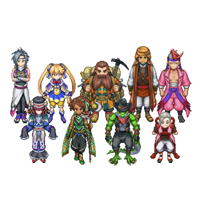 pixel art of some of the characters from eiyuden chronicle hundred heores