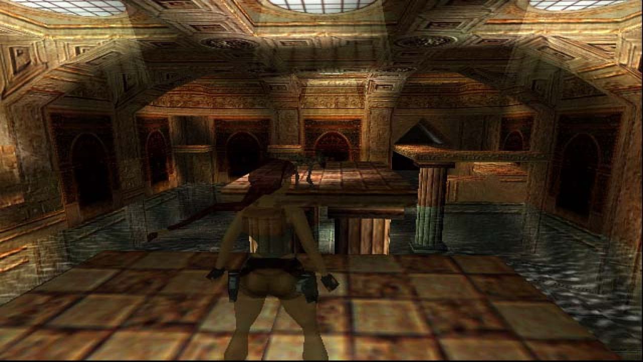 Lara Croft가 Tomb Raider: The Last Revelation에서 땅을 바라보고 있습니다.