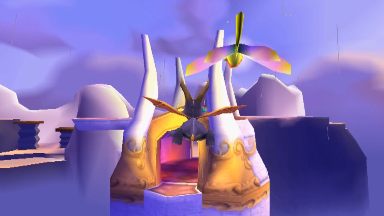 Spyro flying through Cloud Spires in Spyro Year of the Dragon