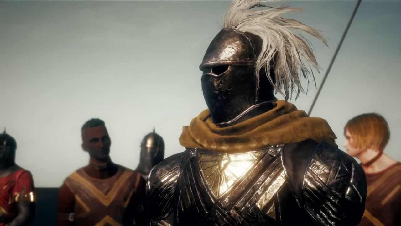 A character in a feathered helmet in Babylon's Fall