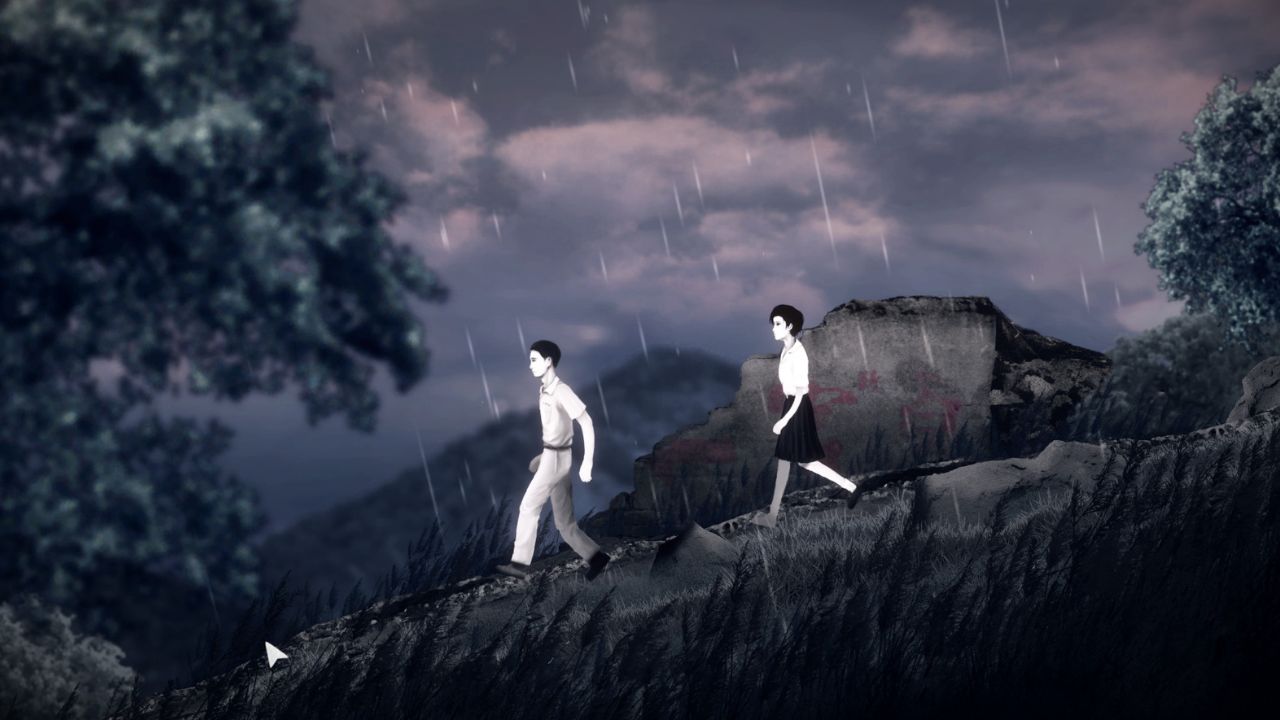 Two people walking down a hill in Detention